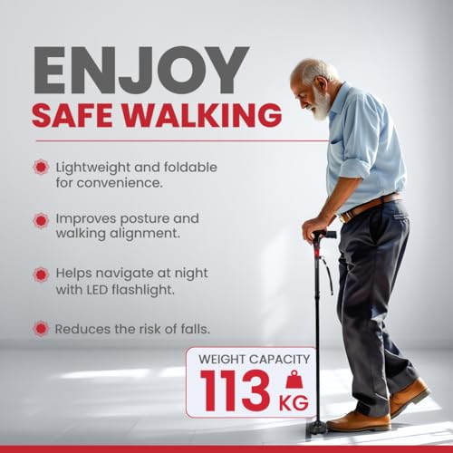 Image of Antara AGEasy Walking Stick with SOS Alarm Button for Men & Women | Walking Cane for Old People | Walk Stick with Adjustable Height | Support Stick (Foldable Walking Stick with SOS Alarm)