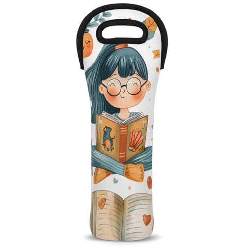 Neoprene Wine Tote Carrier Bag for Wine,Water, Champagne, Beer, Baby Bottles 15.6 x 5.1 Inches, Protective Wine Bag,Book Girl