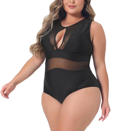 Agnes Orinda Plus Size 1 Piece Swimsuit for Women Mesh Bathing Suits Open Back Tie Plunge Swimwear2