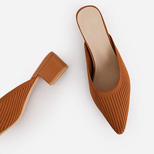 Tijn Pointed Toe Mules For Women Chunky Sandals Low Heeled Sandals Breathable Mesh Knit Slip On Flat Shoes(Helka) Caramel #TOP4