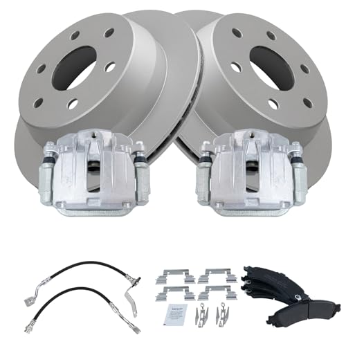 Image of TRQ Rear Brake Pad and Rotor Set Semi Metallic Coated Rotors Calipers Compatible with 2002 GMC Sierra 1500