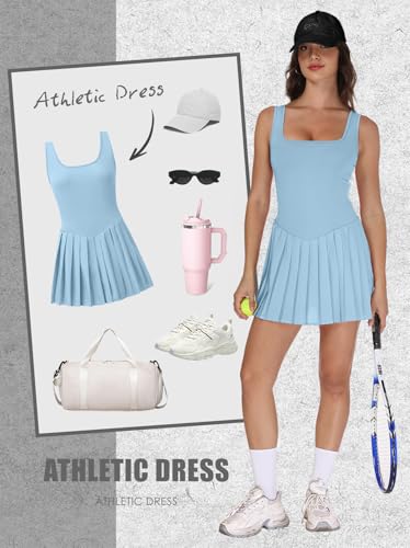 Image of NIASHOT Athletic Dress for Women with Shorts Sleeveless Womens Golf Dress | Pleated skirt with shorts, Vacation dresses, Graduation dresses, Pilates fashion clothing, Country concert outfits for women