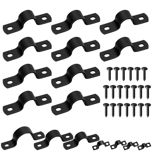 Mardatt 10 Set 3/4”(20mm) Two Hole Pipe Strap Clamp, Carbon Steel Rigid U Bracket Clamps U-Tube Strap Clamp Conduit Clamps with Self-Tapping Screws for Pipe Fixing, Black