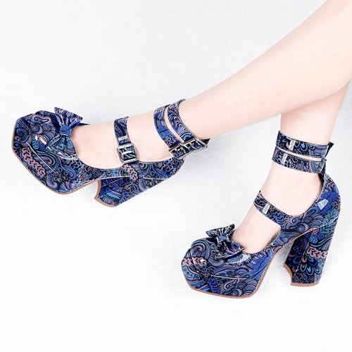 Women's Sweet Bow Platform Mary Jane Pumps Ankle Strap Closed Toe Patent Leather Block High Heels Goth Shoes4