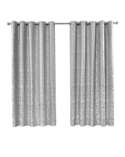Image of Emma Barclay – Fully Lined Curtains for Bedroom Living Room Jacquard Eyelet Two Panel Damask Curtains Eden Collection (66” x 90” Inch)(Silver)