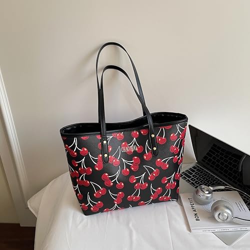 Image of hibear Cherry Print Tote Bag for Women Bow Shoulder Handbag Trendy Faux Leather Top-Handle Bag with Cherry Accessories