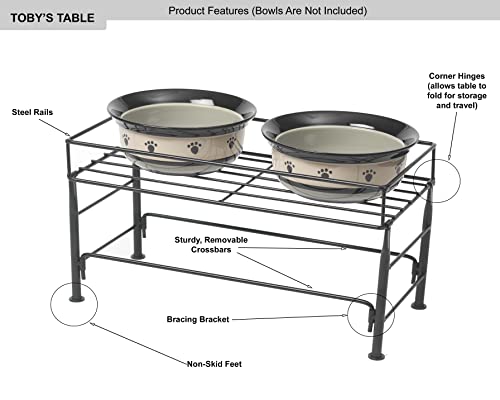 PetRageous 81031 Tobys Set The Table Steel Frame Dog Feeder, 7-Inch Tall by 18-Inch Long and 8.5-Inch Wide, Holds Two 8-Inch Diameter Bowls, for Medium Dogs And Cats, Black