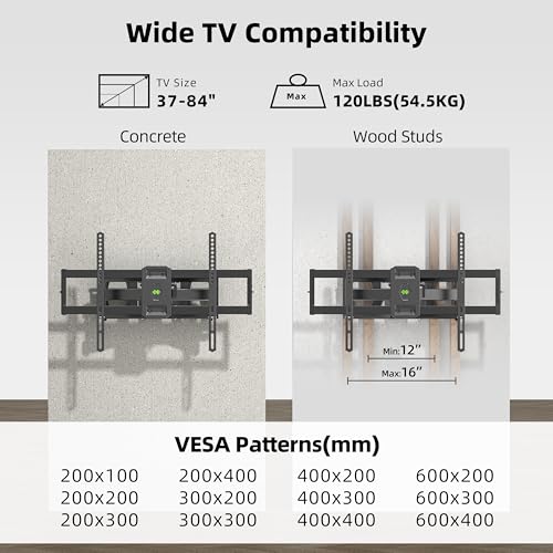 Full Motion TV Wall Mount for Most 37"-84" Flat Screen TV, Swivel or Tilt TV Wall Bracket with Dual Articulating Arms, for 12"-16" Wood Studs, Max VESA 600x400mm, Load 120 lbs by USX MOUNT