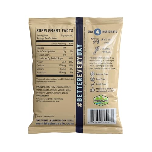 Image of Earth Fed Muscle Whey Back Irish Grass Fed Whey Protein Isolate - Third-Party Certified, 25g Protein, Vanilla - Non-GMO, Hormone Free, Soy Free, Gluten Free - Single Serve Packet