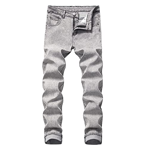 Men's Straight Personality Trendy Jeans Stretch Skinny Pencil Jean Trousers Washed Slim Fit Taper Leg Denim Pants (Light Grey,30)