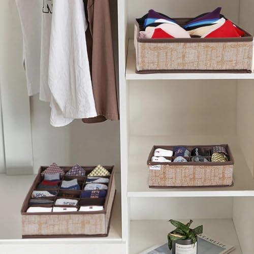 Image of HOKIPO Fabric Undergarment Clothing Organizer Storage Box for Drawers Bra Panty Socks Tie Lingerie Organizer for Wardrobe, 3 Pcs-8+8+18 Grids (NEW-333 + 334 + 335), Brown