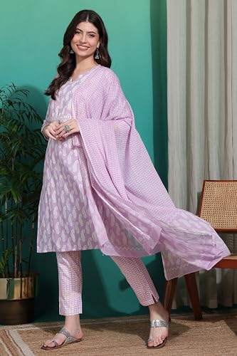 Image of MIRCHI FASHION Pure Cotton Women Straight Printed Embroidery Work Kurti Set with Dupatta and Pant