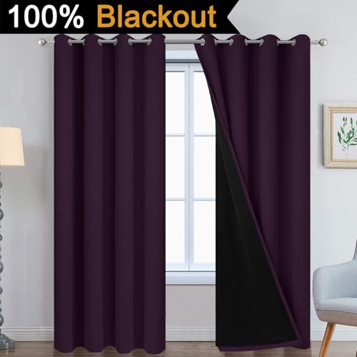 Image of Yakamok Dark Purple 100% Blackout Curtains 84 Inches Long 52 inch Wide 2 Panels | Blackout Curtain Panels for Bedroom, 2 Thick Layers Grommet Top Thermal Insulated Drapes with Black Liner for Living Room