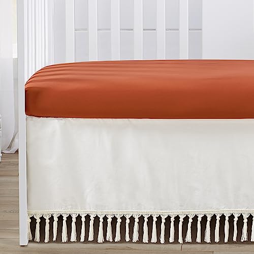 Image of Sweet Jojo Designs Ivory and Orange Boho Vintage Floral Girl Baby Crib Bedding Set Infant Nursery Room Blanket Fitted Sheet Skirt Diaper Stacker 4p Bohemian Rust Daisy Botanical Green Fringe Tassel