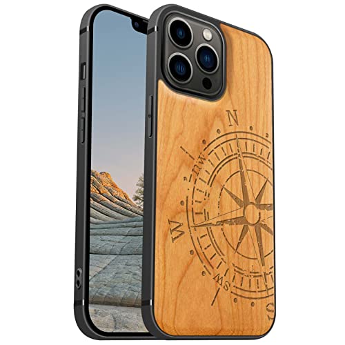 Coque bois iPhone 13 Pro Max aimantée en noyer véritable gravé boussole