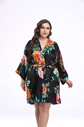 Women's Plus Size Satin Robes Floral Robe Wedding Party Kimono Robes Sleepwear Black 3X-4X Size, Floral Black (Szi-1Black3X/4X) #TOP1