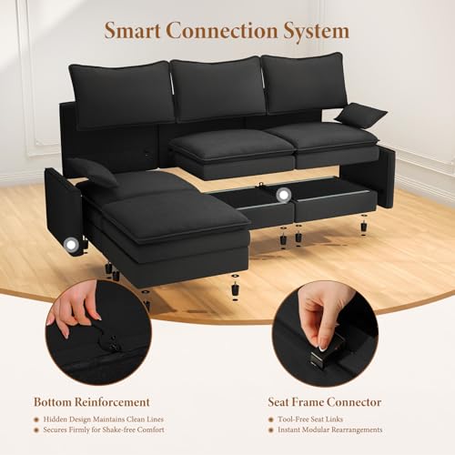 Image of Vesgantti 142 inch Oversized Sectional Sofa Bed, 8-Seater Modular Sleeper Cloud Couch with Movable Ottoman, Chenille Convertible Sofa Set Deep Seat Couches for Living Room, Bedroom and Apartment, Black