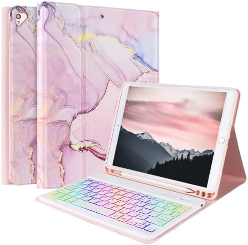 FUWANG New iPad 9th Generation Keyboard Case 10.2" 2021/(8th Gen) 2020/（7th Gen） 2019,7 Colors Backlit Keyboard Case for iPad 10.2" /iPad Air 3 10.5"(3rd Gen)/iPad Pro 10.5" with Pencil Holder-Pink