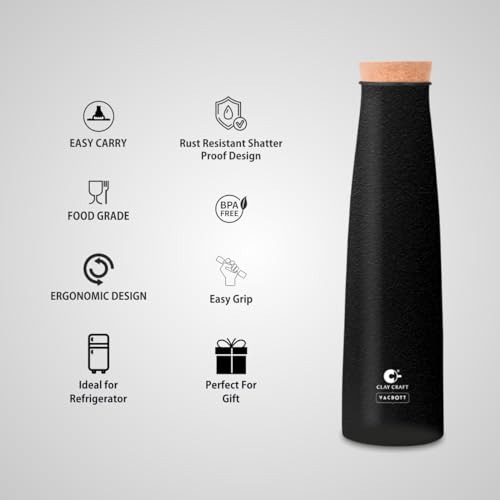 Image of Clay Craft Vacbott Chariott Cork Single Walled Non Insulated Stainless Steel Water Bottle, 900ml (Black Matt)