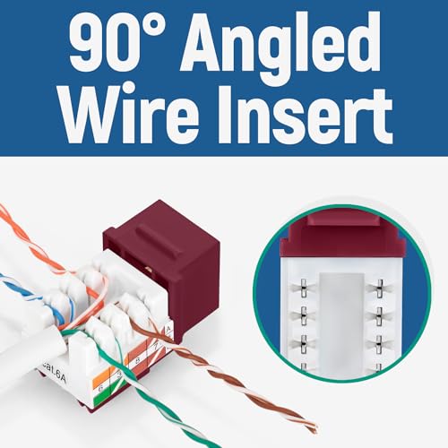 Image of Everest 90 Degree RJ45 Cat6A Keystone Jacks Slim Profile 20-Pack Red | Compatible with 90 Angled Speed Termination Tool - easyJACK (B094WB91H3)
