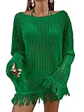 MakeMeChic Women's Crochet Swimsuit Cover Up Long Sleeve Knitted Fringe Swim Beach Cover Up Swimwear Green M
