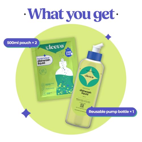 Image of Cleevo Dishwash Liquid Gel 1L Bottle Pack (2 Sachets makes 1 Litre) |Powder to Liquid | Removes Oil, Grease & Burnt Residue | Non-Toxic, Kids & Pet Safe Dishwashing Gel (Lime)