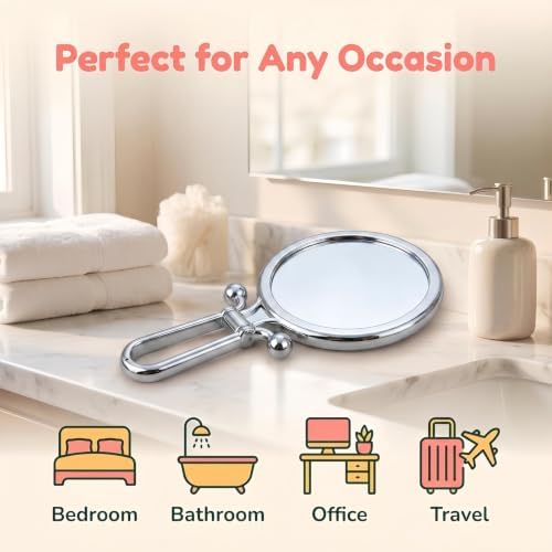 Lanboon Magnifying Handheld Mirror Double Sided, Travel Makeup Hand Mirrors with 1X 2X Magnification, Small Hand/Desk Vanity Mirror (1Pc Silver) - 5