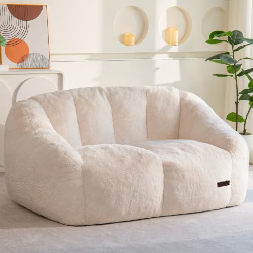 Image of MAXYOYO Bean Bag Chair, Comfy Bean Bag Sofa with Back Support, Loveseat Faux Fur Bean Bag Chair for Adults, Stuffed Floor Sofa for Living Room, Bedroom, Apartment, Beige