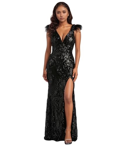 PORRCEY Sexy Women Sparkly Sequins Deep V Neck Bodycon Split Maxi Dress Party Club Evening Dress(Y9883,Black,XL)