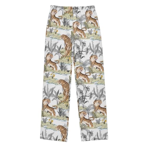 Tiger Palm Trees Boys Long Pants Soft Trousers Elastic Waist Kids Lounge Bottoms with Pockets S-XL