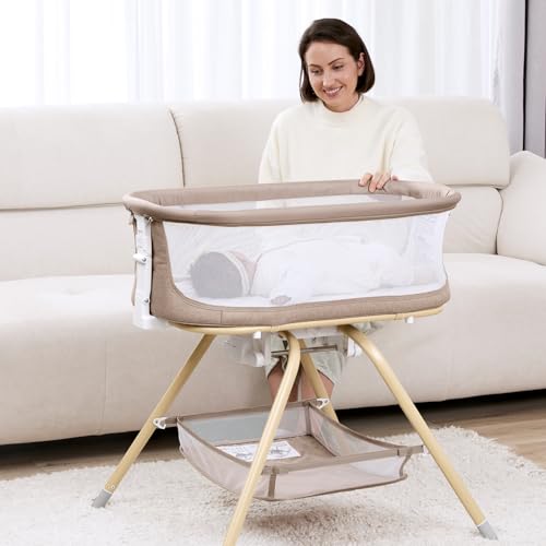 ANGELBLISS 3 in 1 Baby Bassinet, Rocking Bassinets Bedside Sleeper with Calming Motion, Portable Nest for Newborn Infant, Breathable Mesh (Khaki) - Thumbnail 7