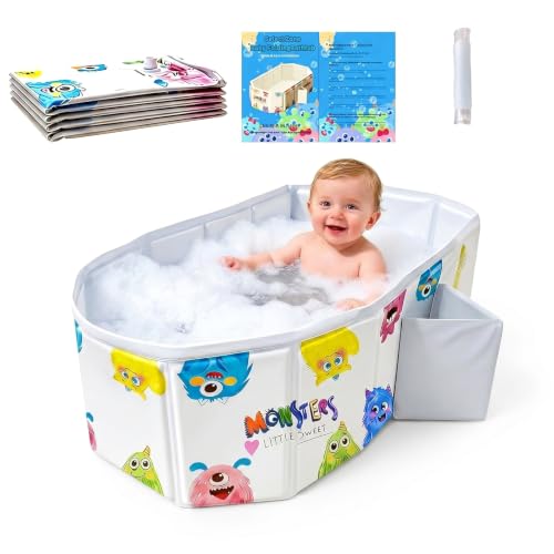 Select Zone Baby Badewanne Großraum Babywanne Baby wanne im Monsterchen Motiv Platzsparende Babybadewanne Faltbar Tragbare badewanne kinder Kinderbadewanne mit Ablassschraube für Kinder von 0-8 Jahre