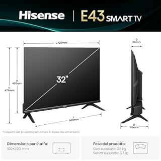 Hisense TV 32" HD Ready 2025 32E43QT, Smart TV VIDAA U8, Airplay2, Game Mode, Works with Alexa, Tuner DVB-T2/S2 HEVC 10, lativù, 32'', 2025 LED