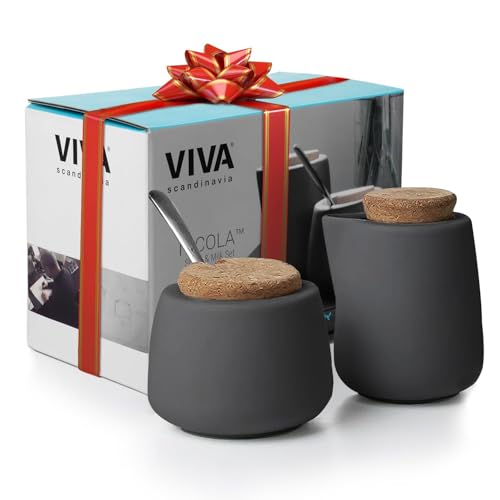 Viva Nicola Holzkohle-Zucker- und Sahnekännchen, Kaffee- und Tee-Servierset aus Porzellan – Sahnekännchen und Zuckerdose mit Korkdeckel und Metalllöffel, 7oz/200 ml Milch und Zucker für die Kaffeebar