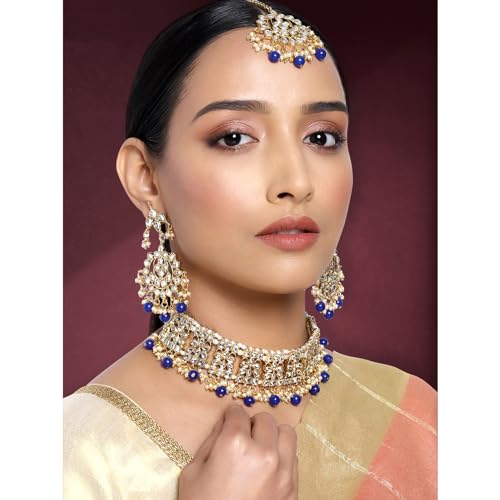 Image of Aheli Elegant Indian Faux Kundan Studded Choker Necklace with Maang Tikka Set Ethnic Wedding Wear Bharatanatyam jewellery set Gift for Women