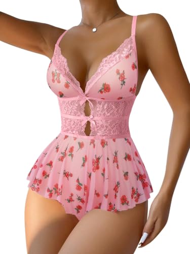 Image of Lilosy Sexy Bows Floral Lace Mesh Babydoll Lingerie Romper