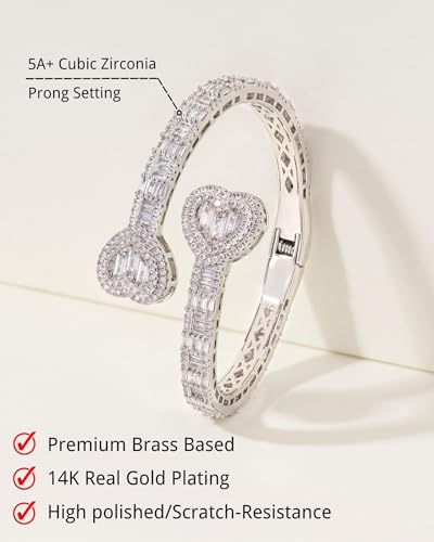 Lulu Mel Iced Out Baguette Diamond Bracelet Jewelry for Women, Hip Hop Mens 14k Gold Silver Plated Cubic Zirconia Bangle Bracelet, Men Heart Cuff Bracelet With Jewelry Box3