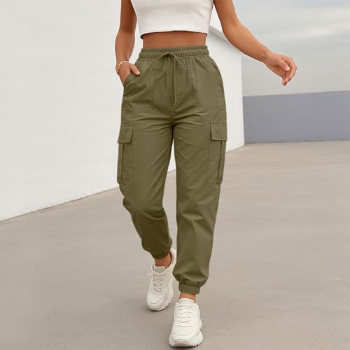 Women's Casual Cargo Pants Solid Color Joggers Drawstring Waist Elastic Waistband Multiple Pockets Trousers2