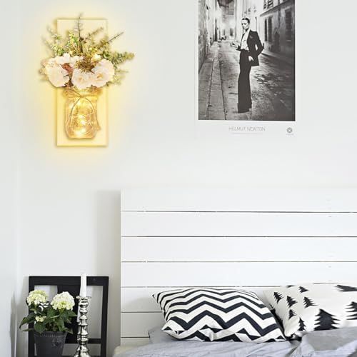 Image of Rustic Wall Sconces Mason Jar Sconces Handmade Wall Art Hanging Design with Remote Control LED Fairy Lights and White Peony, Christmas Decor Gifts Farmhouse Home Decor Living Room Lights Set of Two