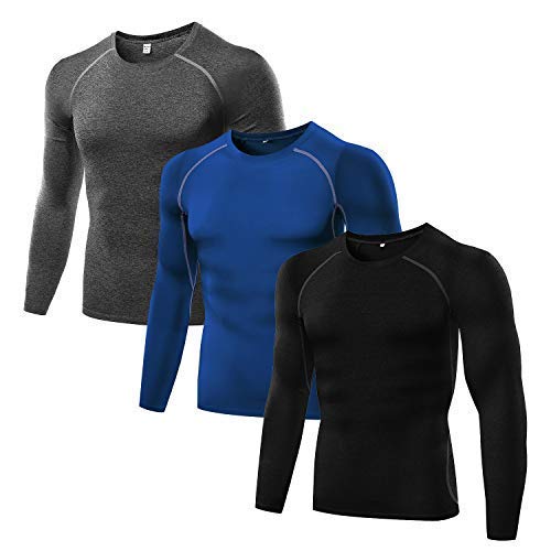 X-HORSE Men's Compression Shirts Crew Neck Long-Sleeve Base Layer Dri Fit T-Shirts (Gray/Blue/Black,XL)