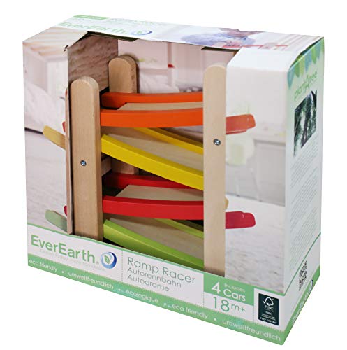 Everearth Jr. Ramp Racer. Race Track For Toddlers And 4 Wood Cars, Race Car Ramp Set #TOP2