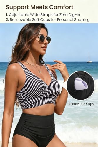 Image of Yonique Women High Waisted 2 Piece Bikini Set Tummy Control Full Coverage | Removable cups, smoothing gathered midsection, figure-flattering front ruching, and a stylish V-neck wrap top