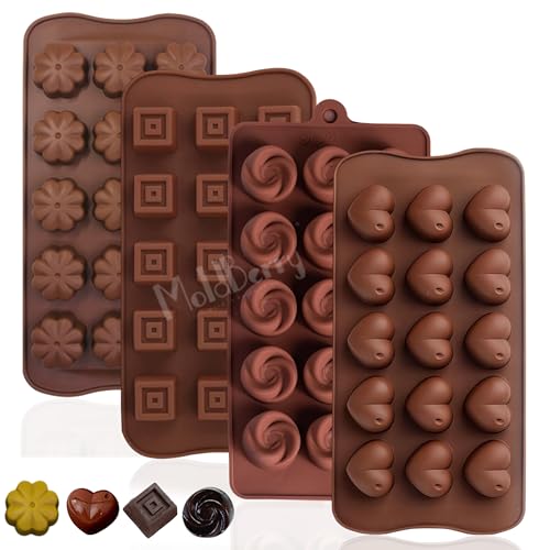 Image of Moldberry Silicone Chocolate Moulds Set of 4 | 15-Cavity Heart, Rose, Square & Flower Shape Molds for DIY Homemade Chocolates, Jelly, Candy & Gummies | Non-Stick Silicone Baking Mould |