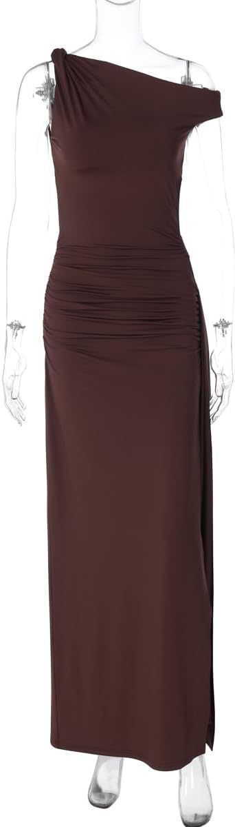 Women Sexy Off Shoulder High Slit Maxi Dress Sleeveless Slant Neck Cut Out Party Long Dress - Image 4