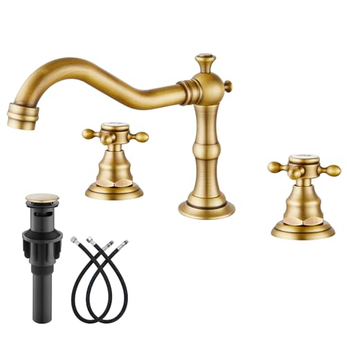 gotonovo Bathroom Faucet 3 Hole 8 Inch Widespread Bathroom Sink Faucet 2 Cross Handles Vintage Lavatory Vanity Mixer Tap with Pop Up Drain, HOT Cold Label, Antique Brass
