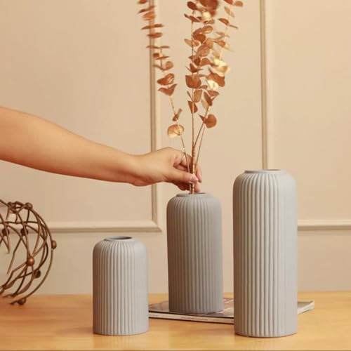 Image of KREATIVE ART'S Grey Flower Vase for Living Room | Ceramic Vase for Home Decor | Home Decoration Items for Living Room & Hall | Grey Ceramic Vase Set of 3 - Modern Home Decor Items