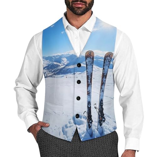 Winter Mountains Ski Equipment Men's Suit Vests Business Formal Dress Vest V-Neck Waistcoat for Wedding Casual
