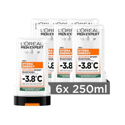 L'Oréal Men Expert Duschgel und Shampoo für Männer, Duschbad zur Reinigung von Körper, Haar und Gesicht, Herren Körperpflege mit kühlendem Effekt -3,8°C, Hydra Energy Extreme Sport, 6 x 250 ml
