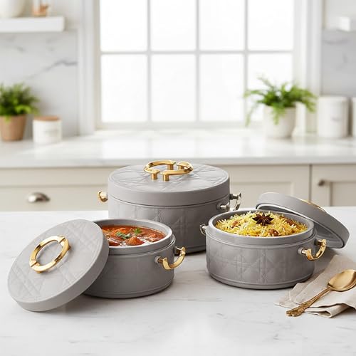Image of CELLO Ornetto Big Set of 3 Pcs Insulated Steel Casserole Hot Box for Kitchen, Grey (1500ml, 2000ml, 2500ml) | Airtight Hot Pot Case Keeps Food Hot & Warm, Casserole Set for Roti Chapati Rice Biryani