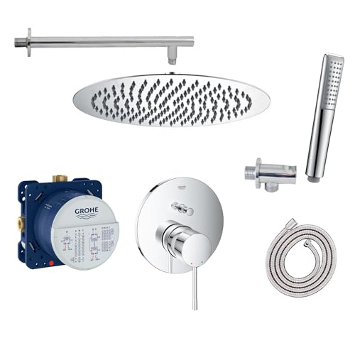 vanvilla Duschsystem mit Unterputz Duscharmatur von Grohe Einhandmischer Essence und vanvilla Regendusche mit Armatur, Duschkopf rund, Dusch-SET G05. poliert